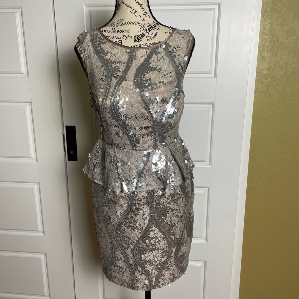 Adrianna Papell Silver Sequin Lace‎ Peplum Dress Sleeveless 6